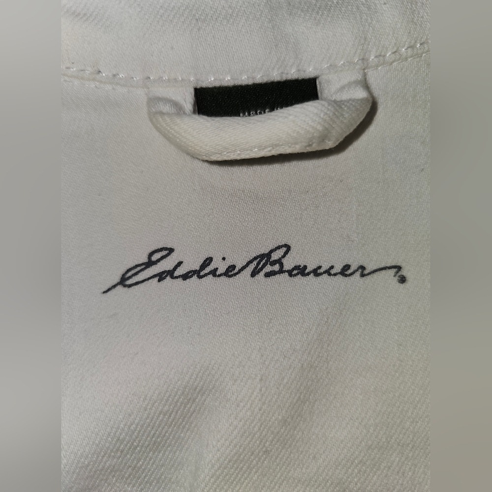 White Eddie Bauer White Jean Jacket with Bronze Buttons Stretchy  XL - Picture 13 of 15